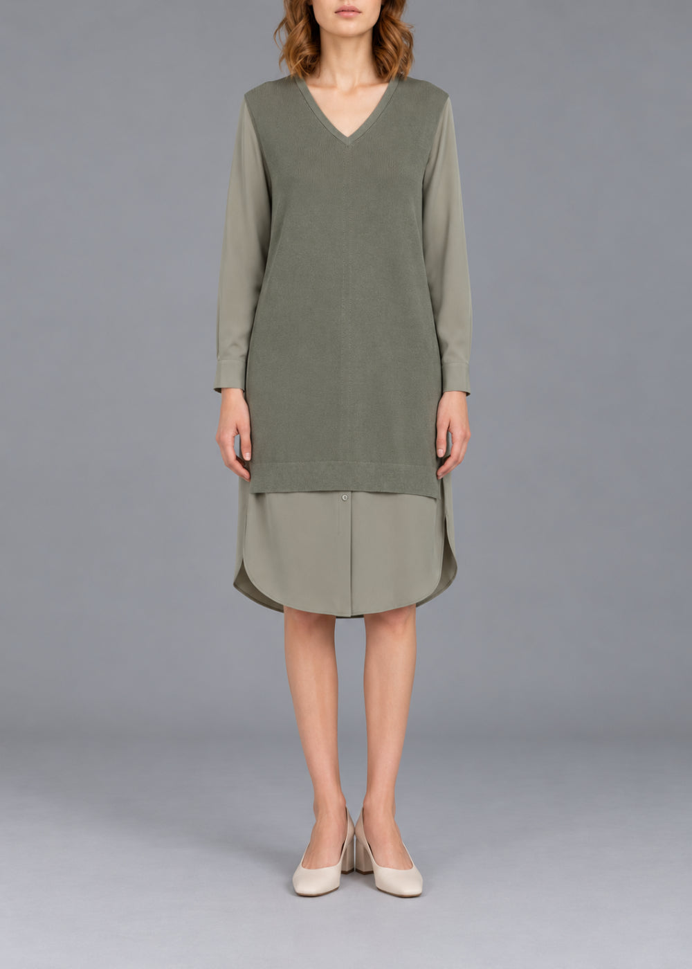 Robe à détails contrastants en soie - Kaki