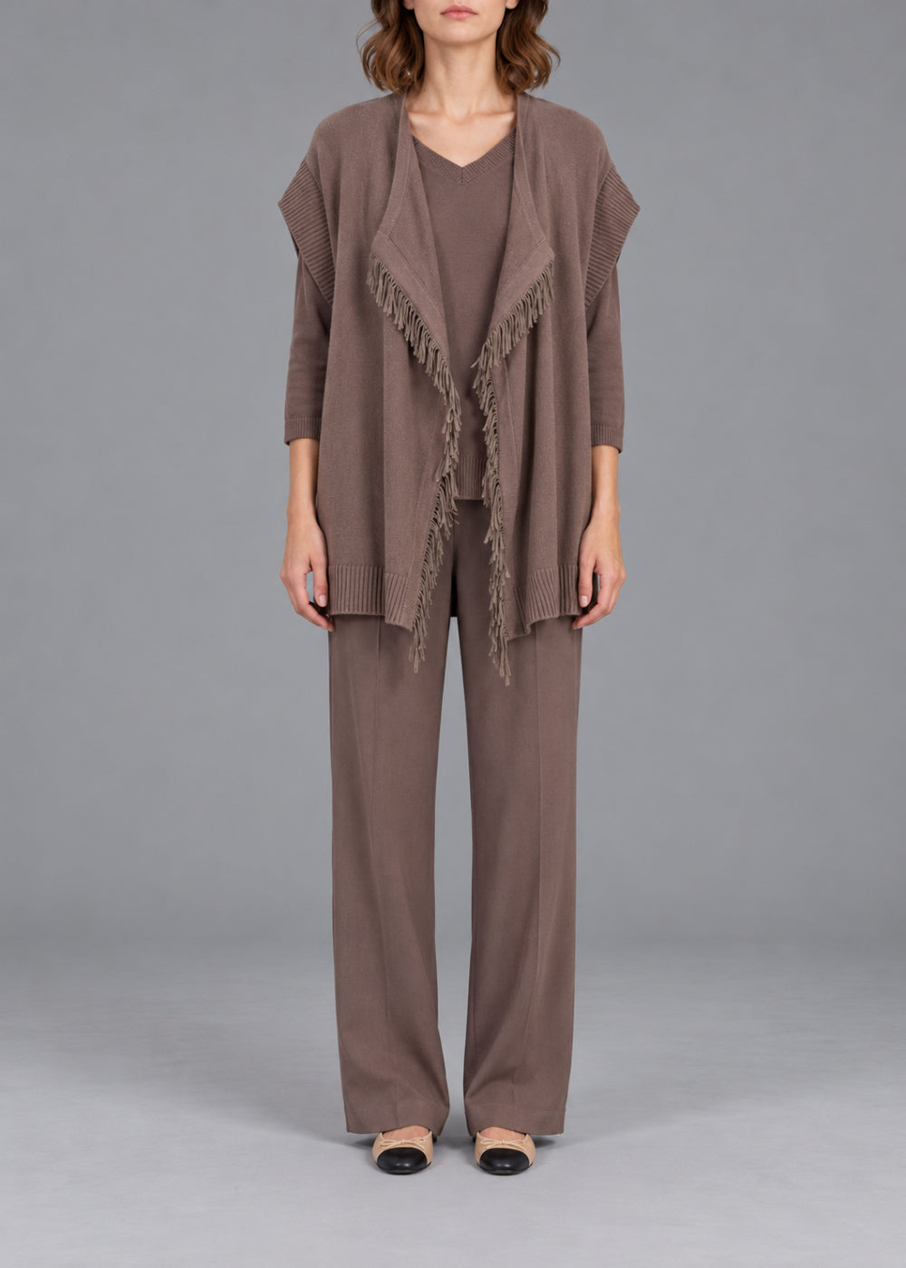 Gilet ample à franges en lin - Taupe