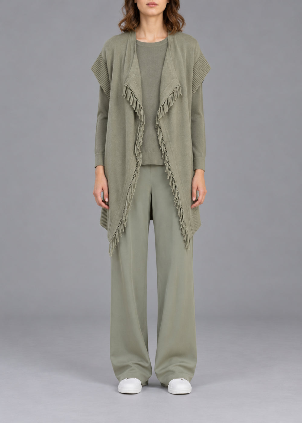Gilet ample à franges en lin - Kaki