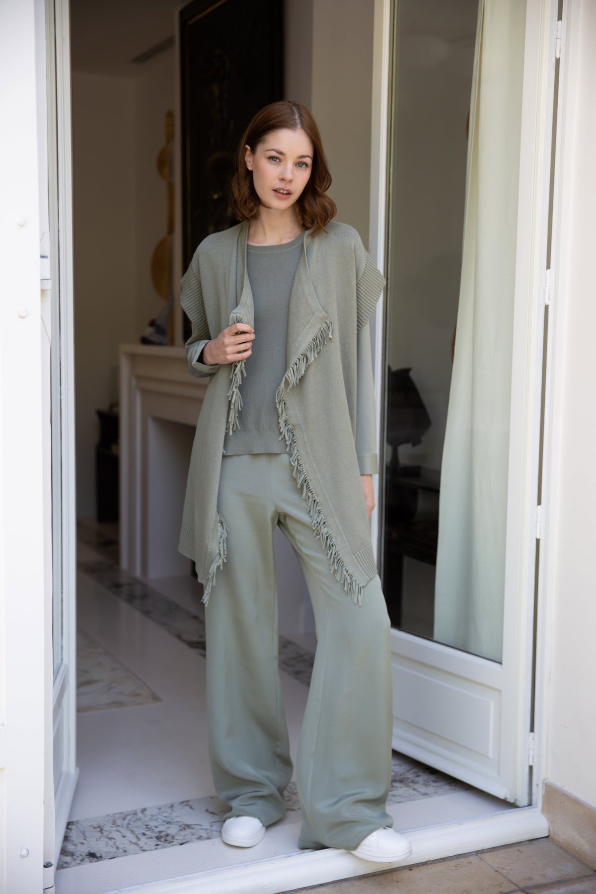 Gilet avec franges daim - Kaki