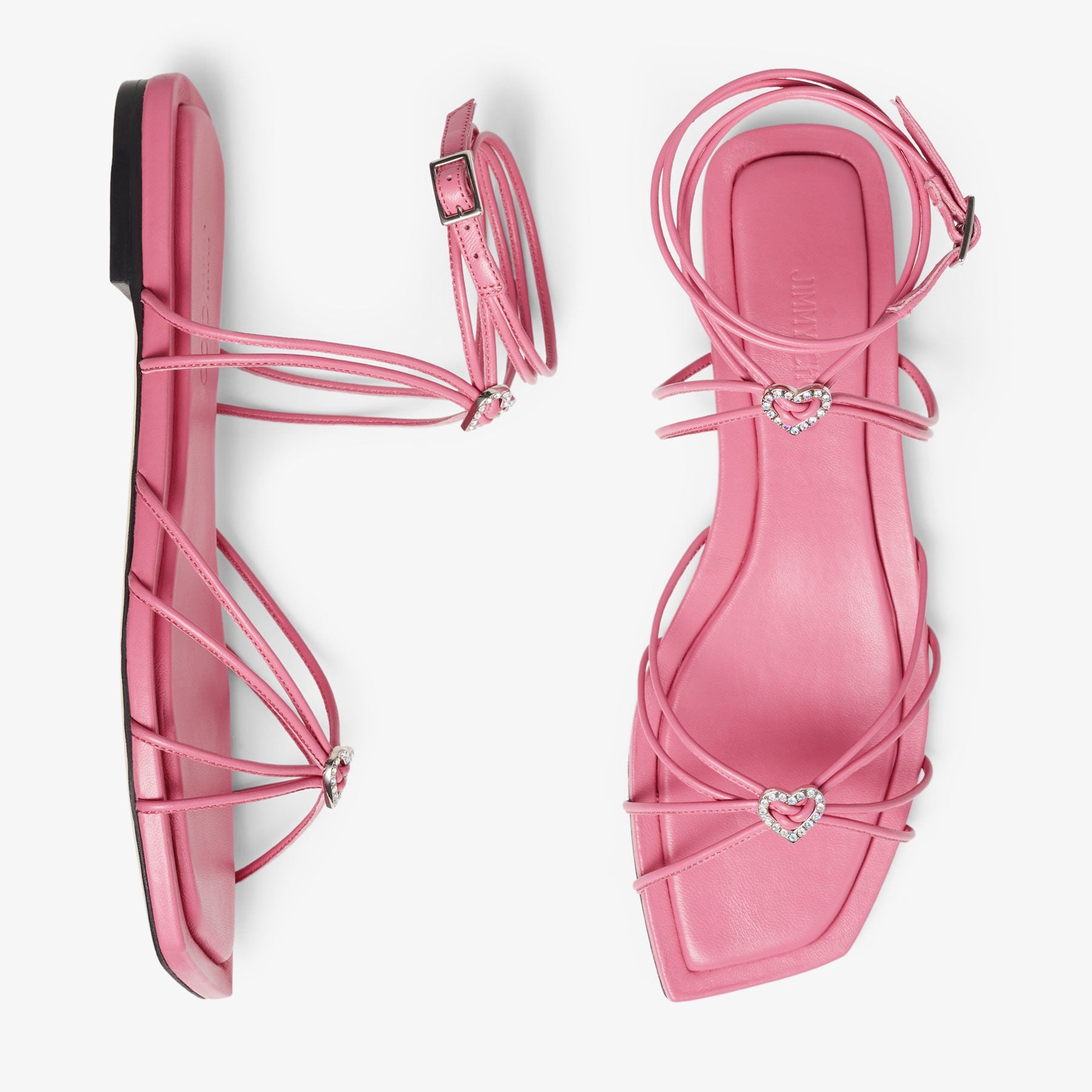 Sandales Indiya plates en cuir à cœurs et cristaux - Candy Pink
