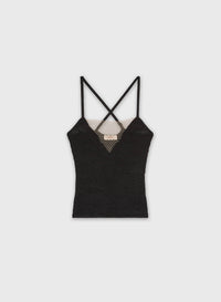 BLACK JACQUARD KNIT TOP WITH NET DETAIL