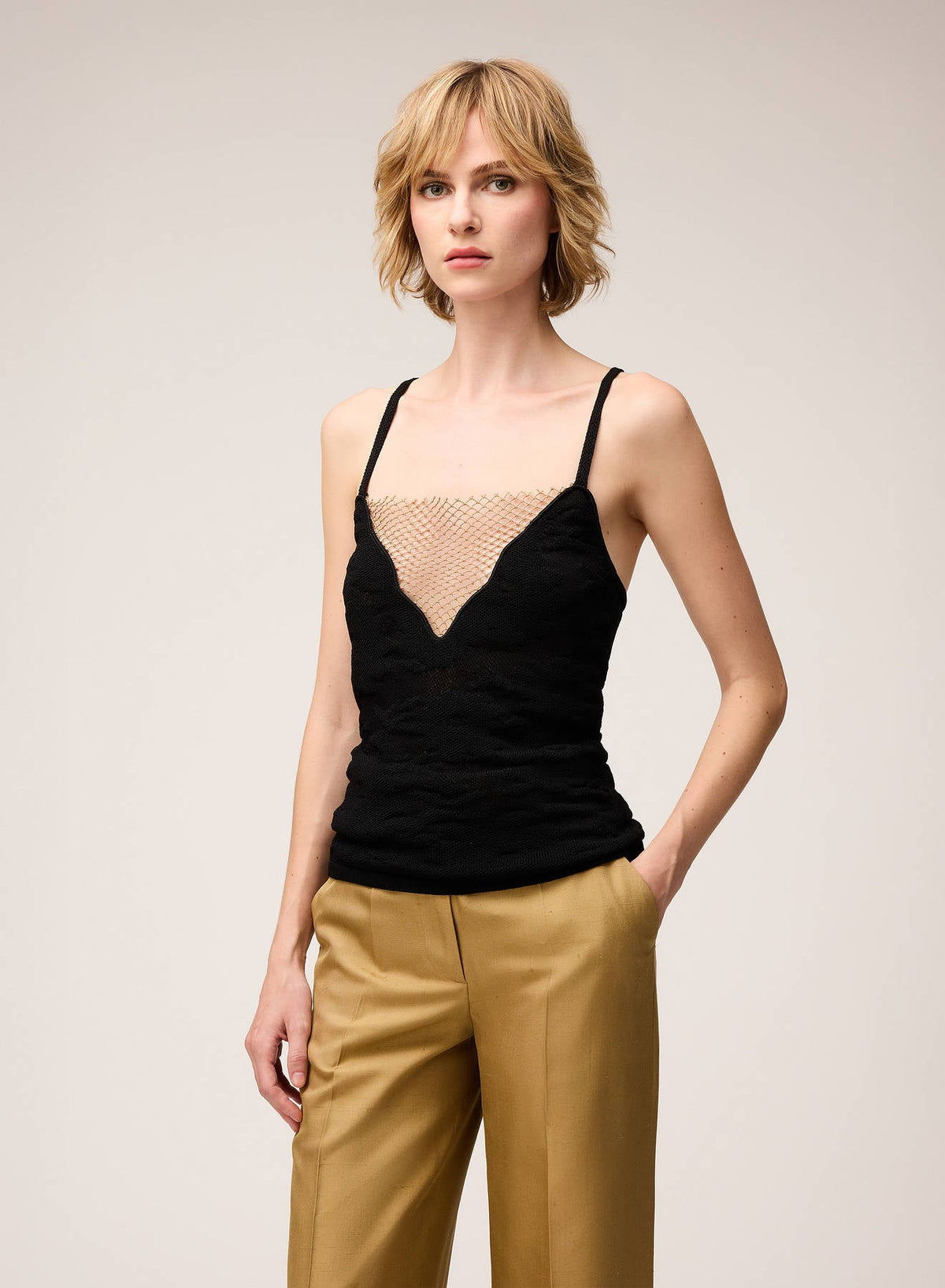 BLACK JACQUARD KNIT TOP WITH NET DETAIL