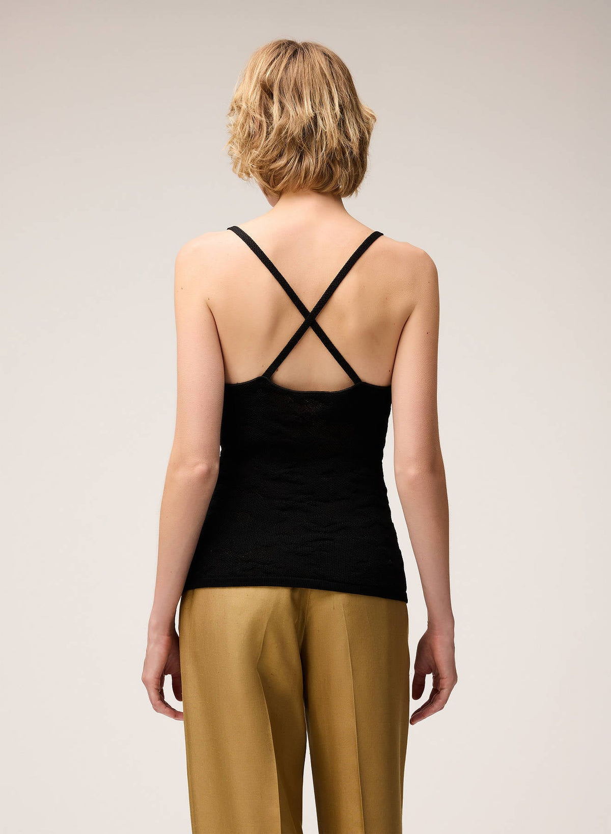 BLACK JACQUARD KNIT TOP WITH NET DETAIL
