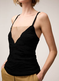 BLACK JACQUARD KNIT TOP WITH NET DETAIL