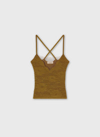 CAMEL JACQUARD KNIT TOP WITH NET DETAIL