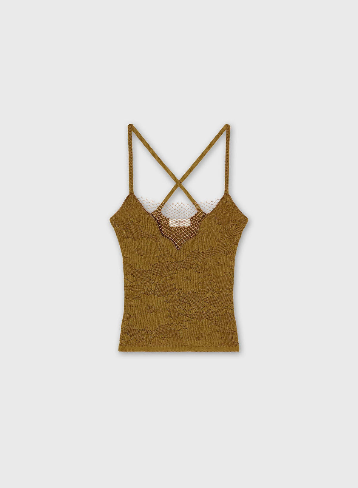 CAMEL JACQUARD KNIT TOP WITH NET DETAIL