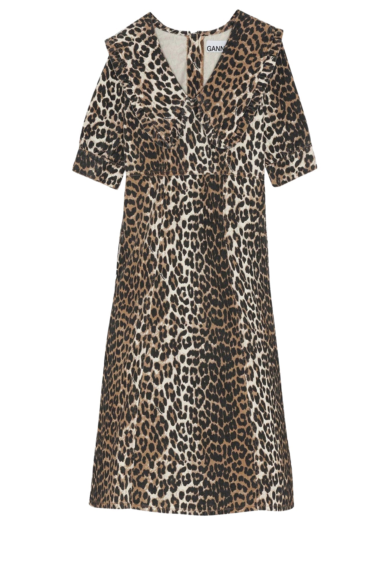 Robe midi à col volanté en denim imprimé - Leopard