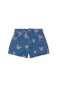Short taille haute en denim brodé - Denim