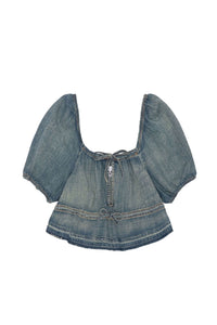 Blouse courte à manches bouffantes en denim - Tint Wash