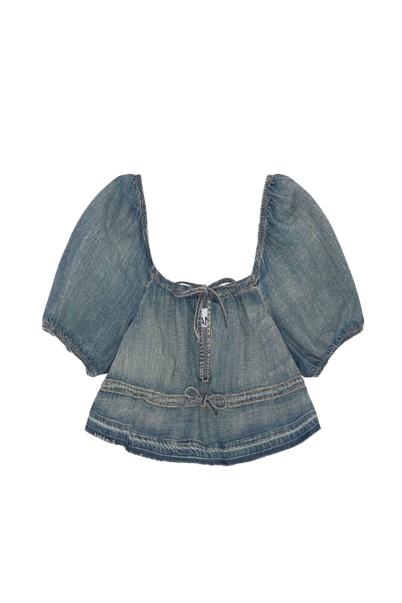 Blouse courte à manches bouffantes en denim - Tint Wash