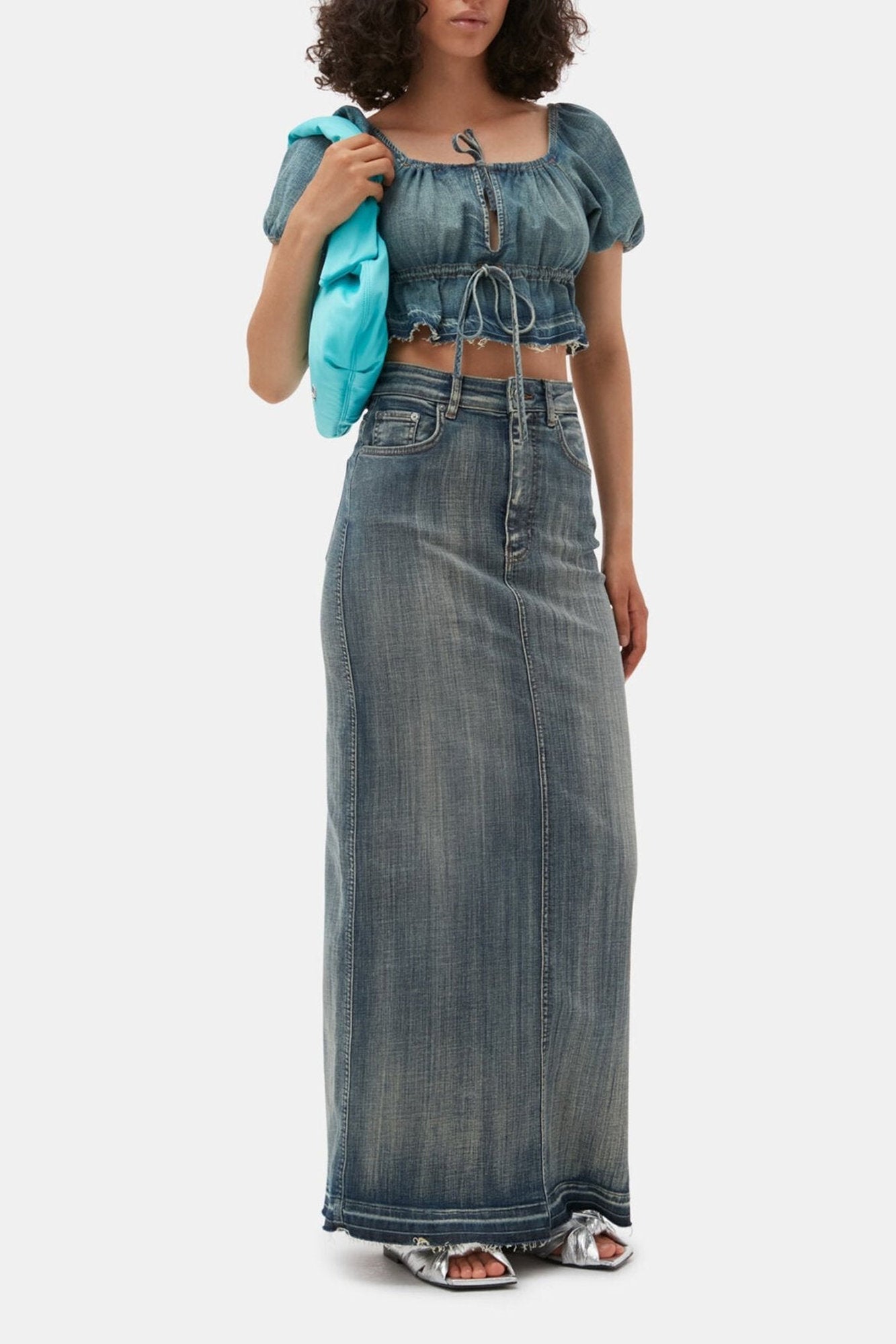 Blouse courte à manches bouffantes en denim - Tint Wash