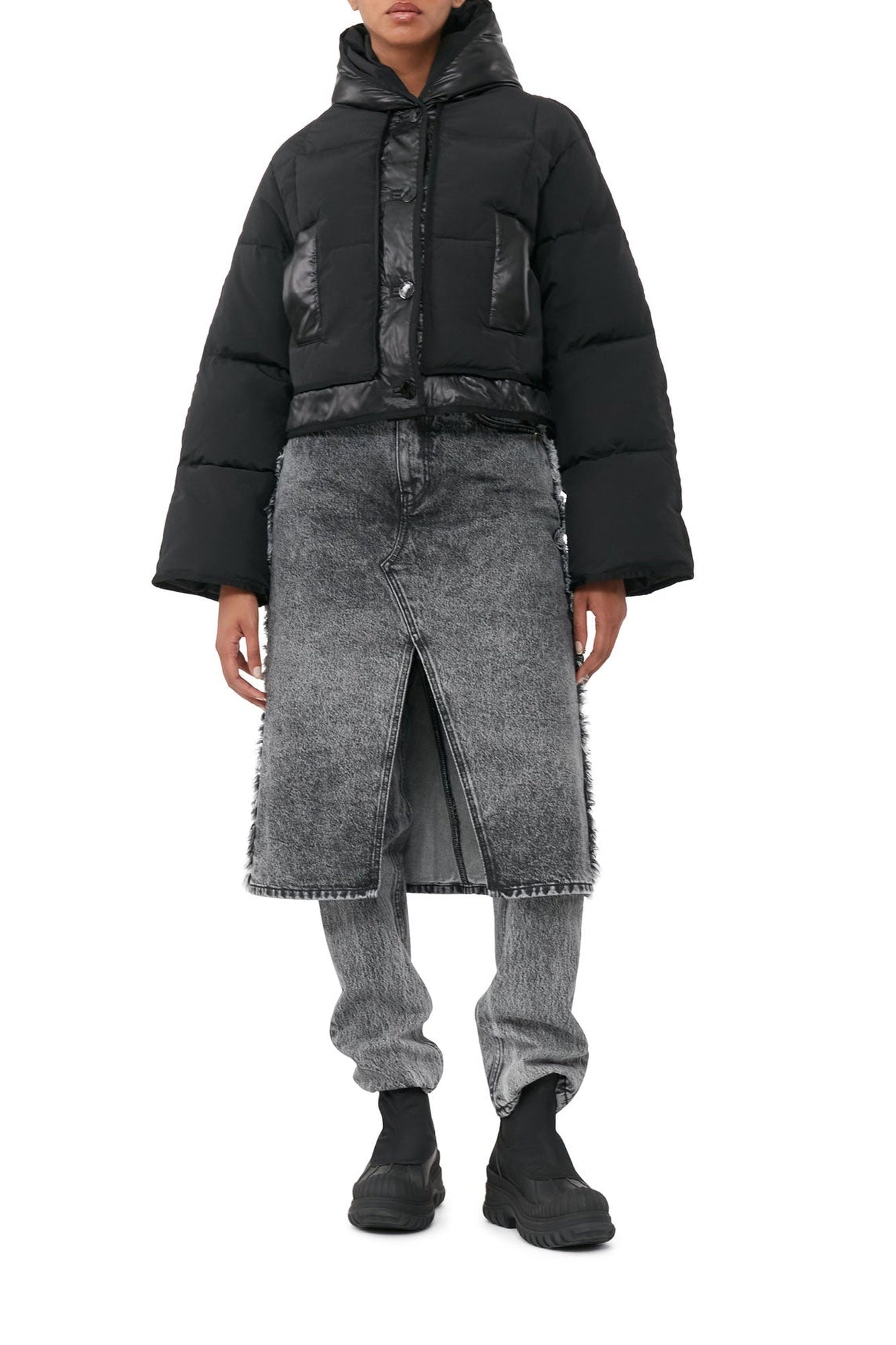 Snow washed denim trousers with skirt - Black Washed