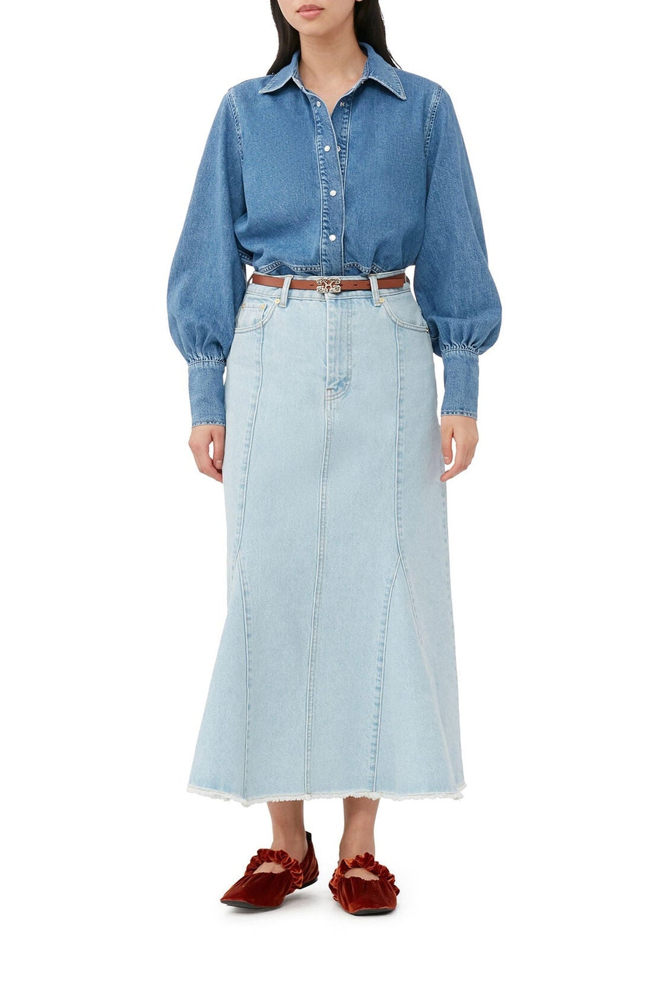 Jupe midi péplum délavé en denim - Light Blue Stone