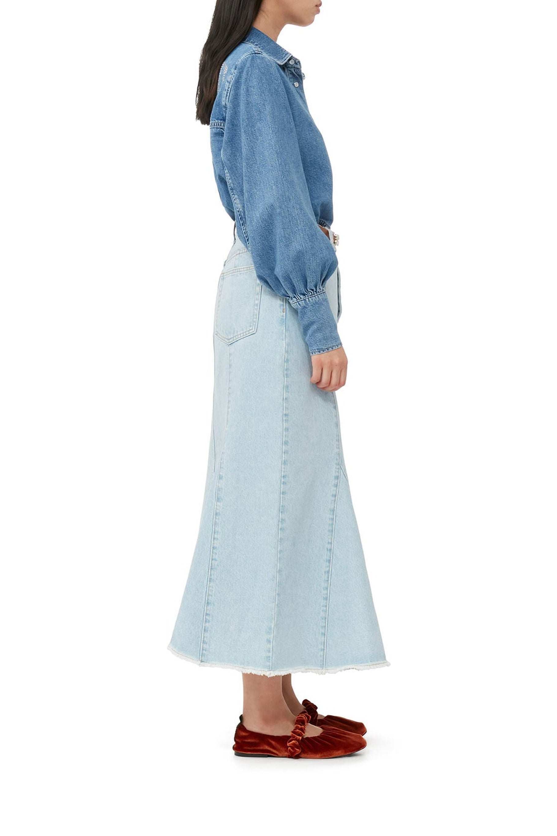 Jupe midi péplum délavé en denim - Light Blue Stone