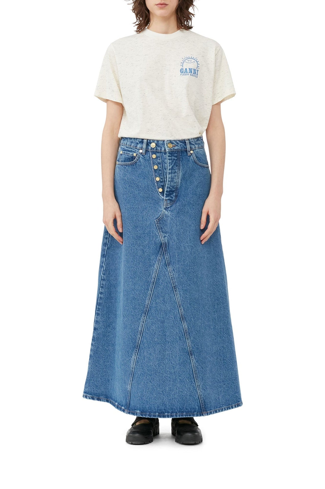 Jupe longue avec double braguette en denim - Mid Blue Stone
