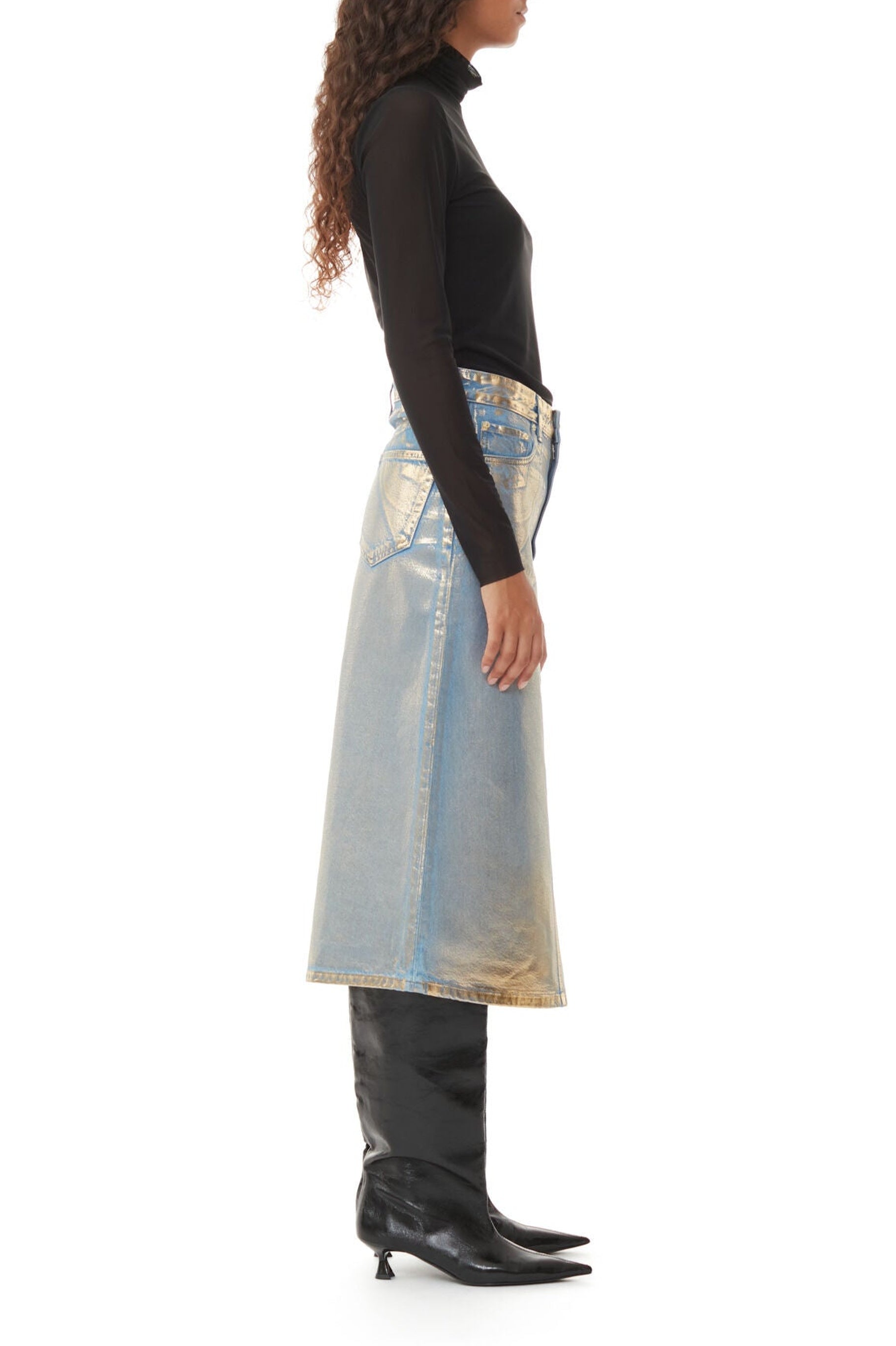Jupe midi métallisée en denim - Gold