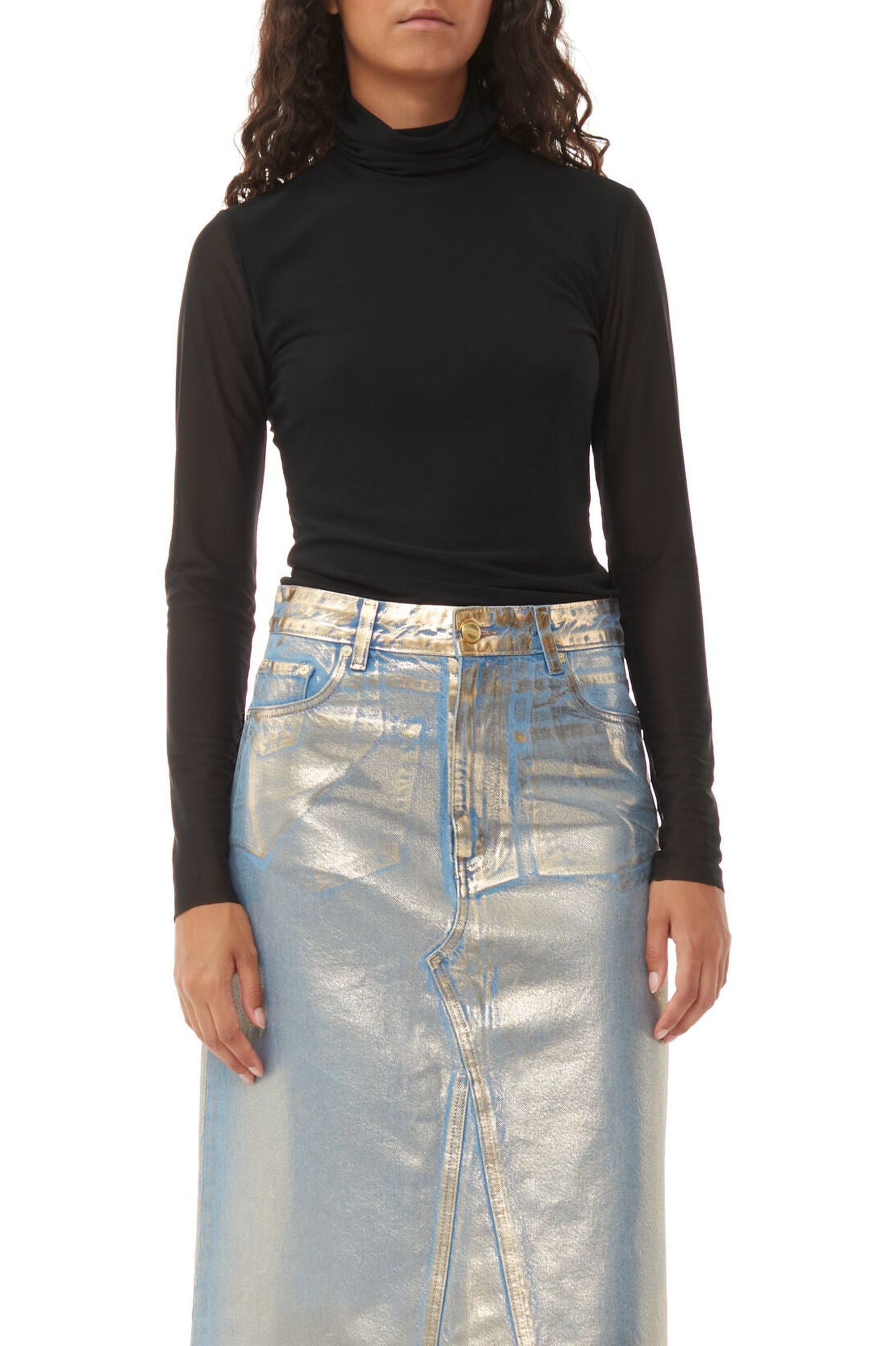 Jupe midi métallisée en denim - Gold