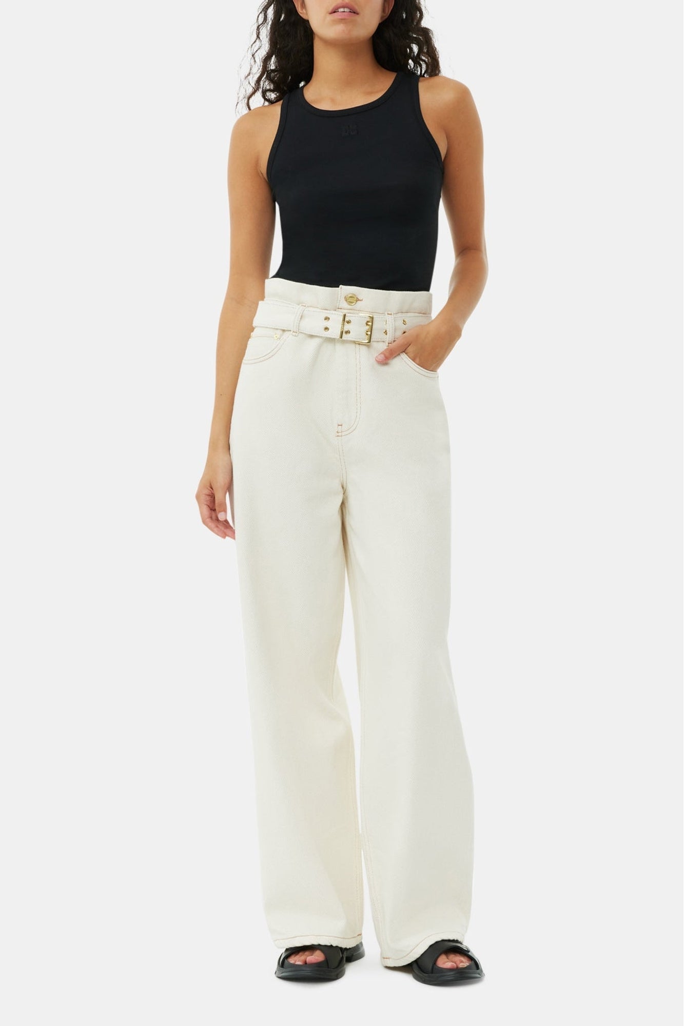 Pantalon paperbag en denim - Egret