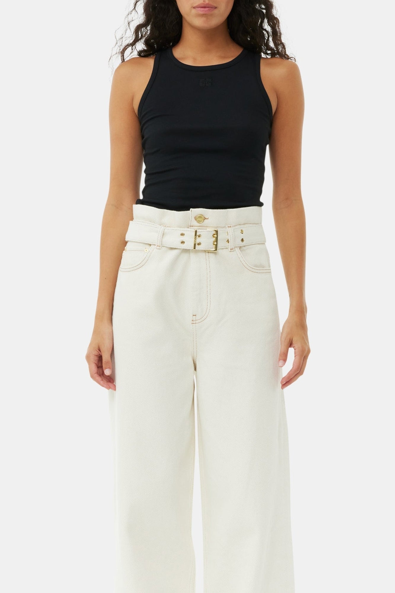 Pantalon paperbag en denim - Egret