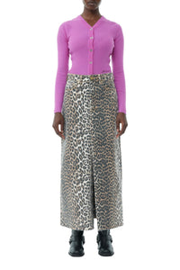 Jupe longue fendue en denim imprimé - Leopard
