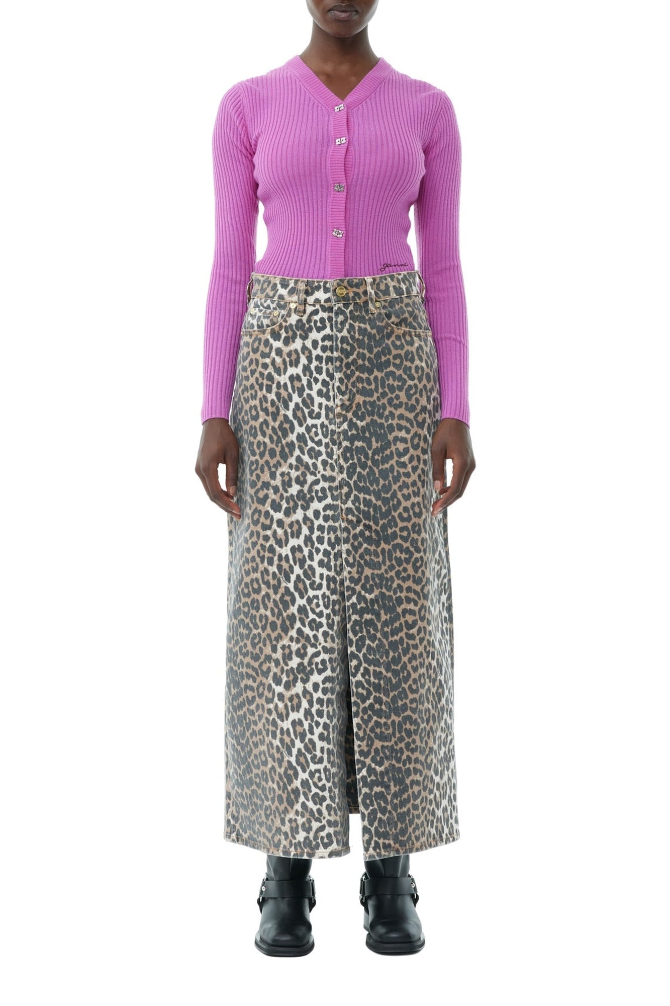 Jupe longue fendue en denim imprimé - Leopard