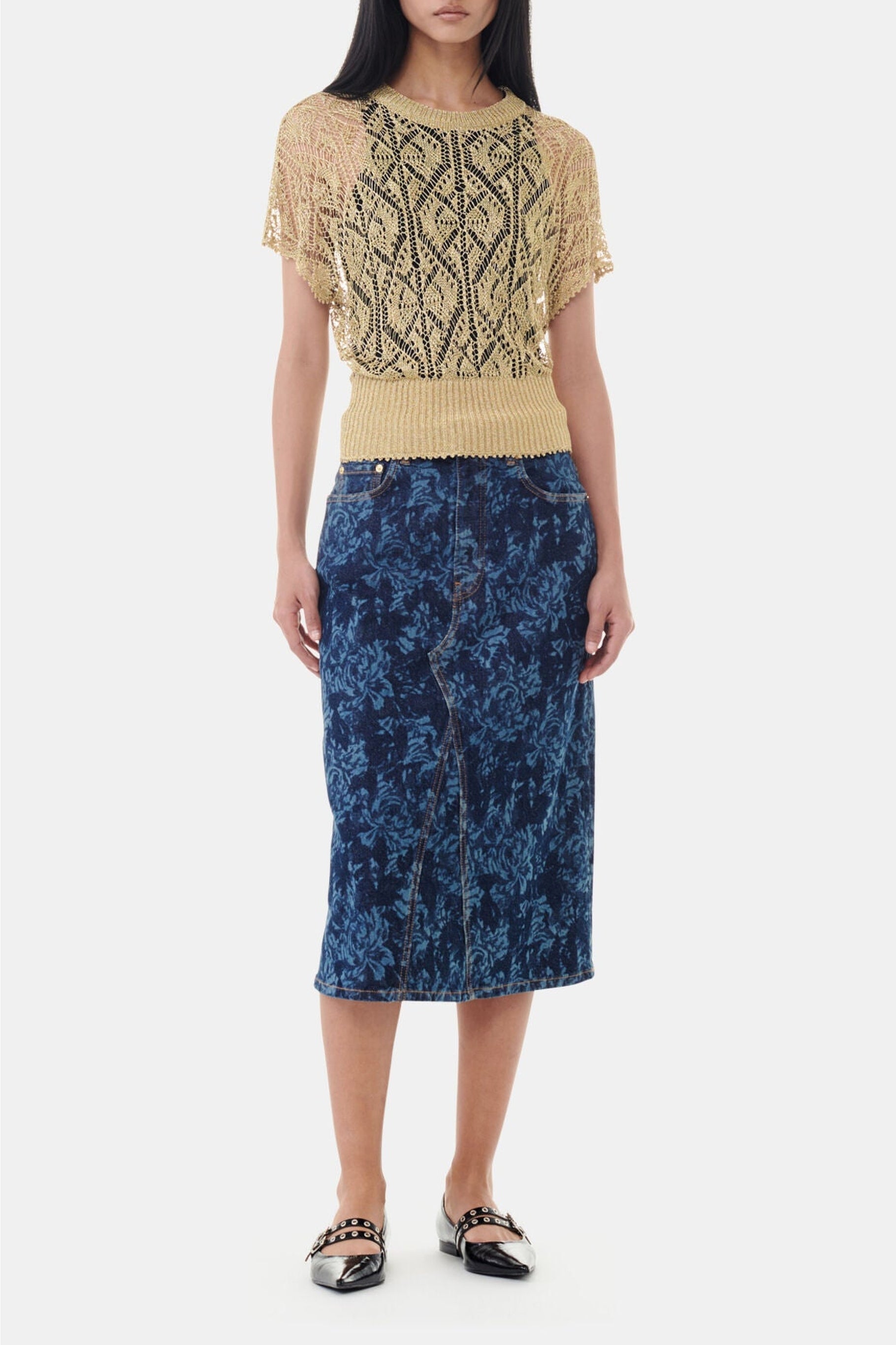 Jupe midi à imprimé fleuri en denim - Mid Blue Stone