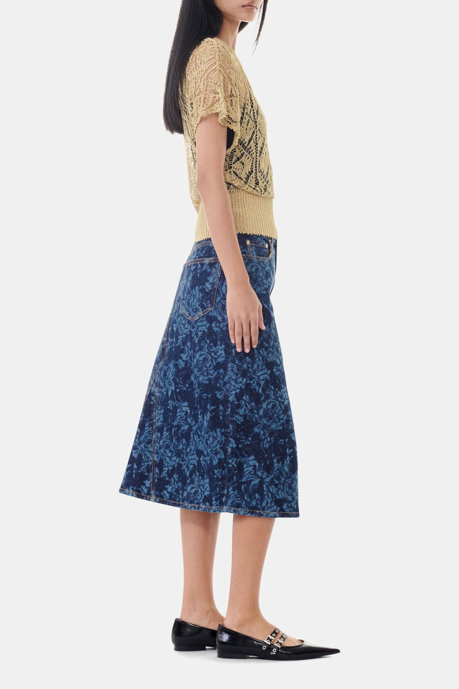 Jupe midi à imprimé fleuri en denim - Mid Blue Stone