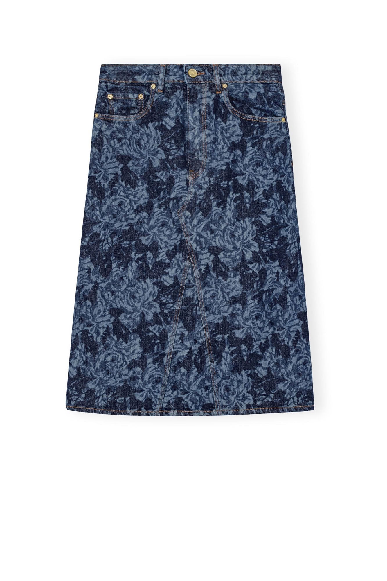 Jupe midi à imprimé fleuri en denim - Mid Blue Stone