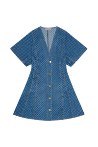Denim polka dot short dress - Mid Blue Stone