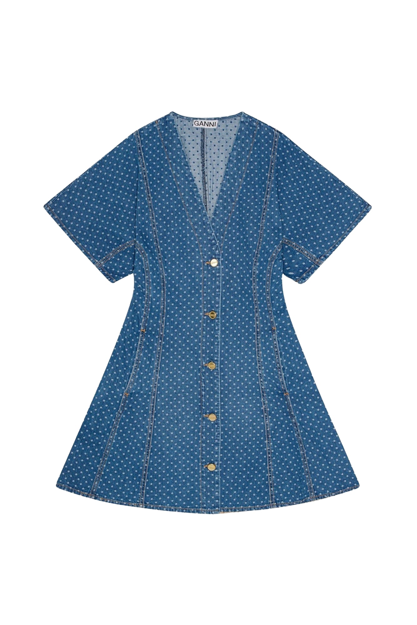 Denim polka dot short dress - Mid Blue Stone