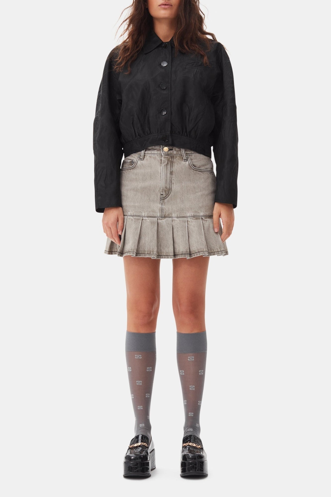 Jupe courte plissée Future en denim - Gray Quill