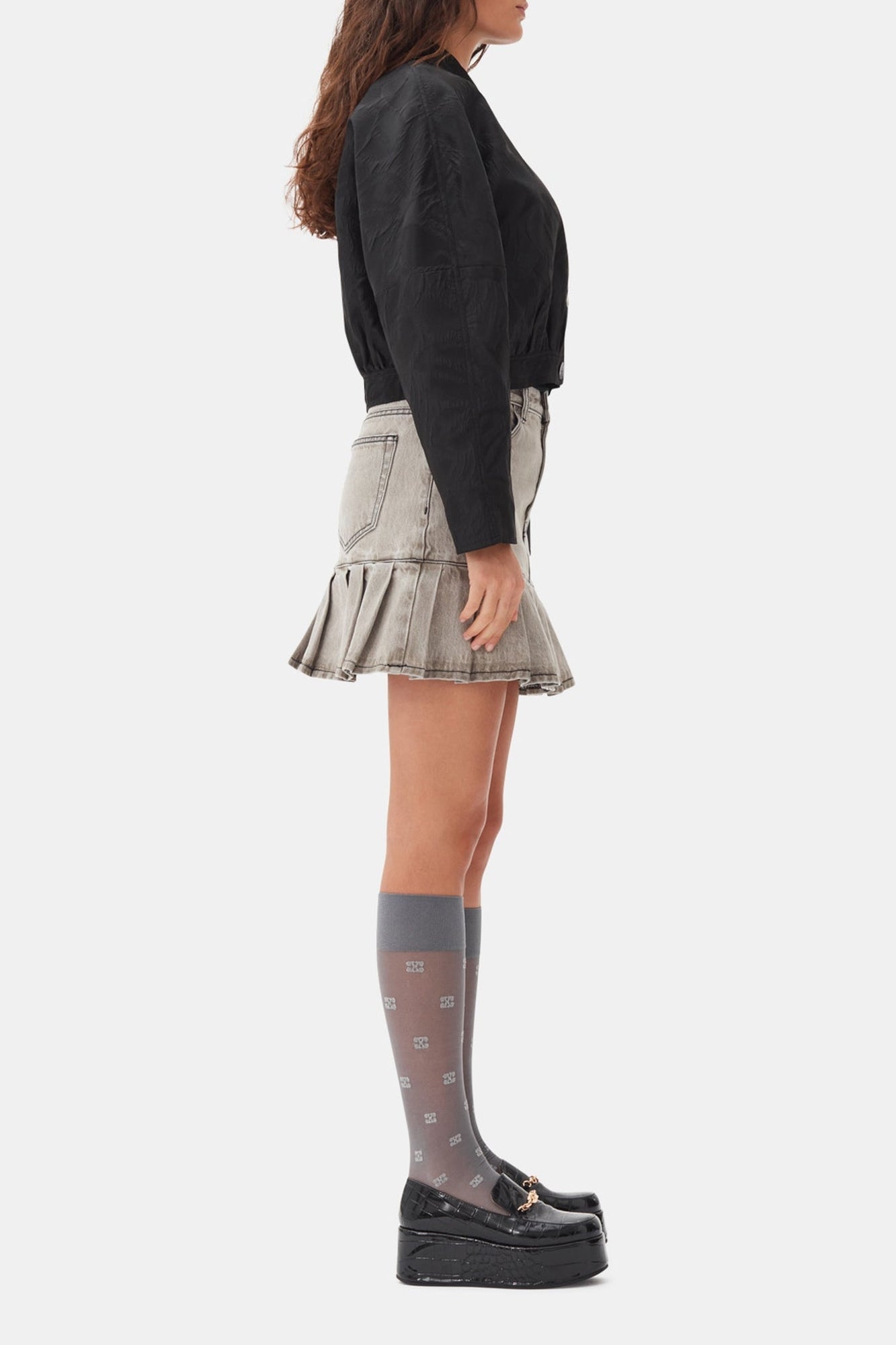 Jupe courte plissée Future en denim - Gray Quill