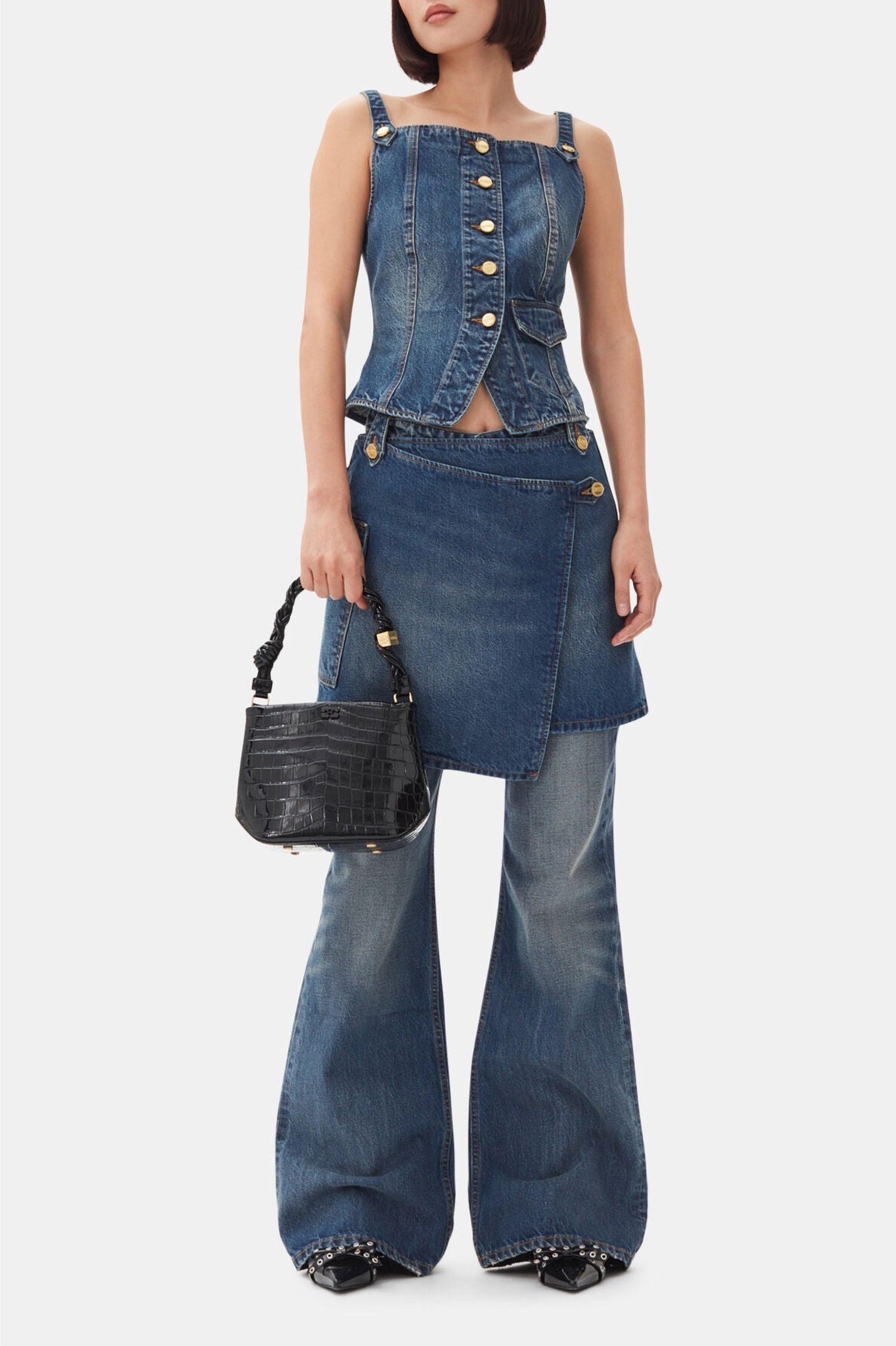 Pantalon flare effet jupe en denim - Mid Blue Vintage