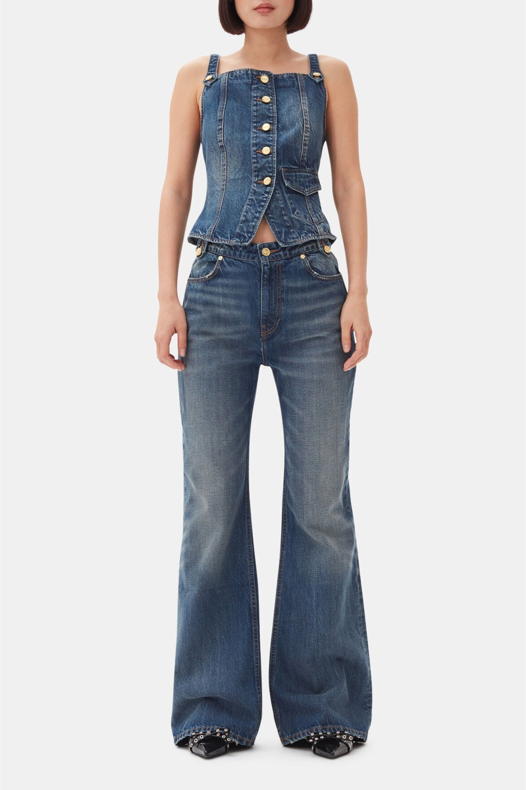 Pantalon flare effet jupe en denim - Mid Blue Vintage
