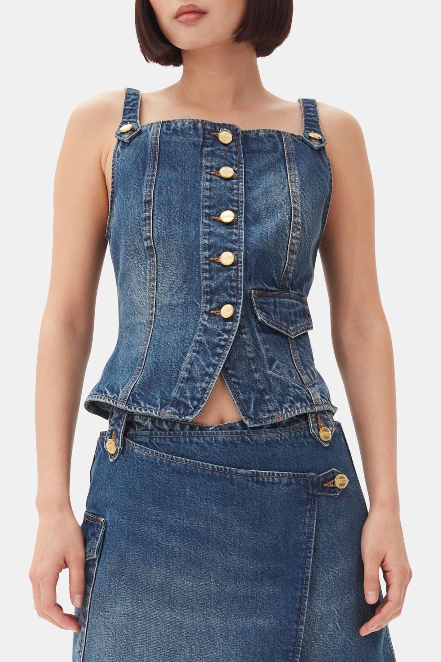 Débardeur boutonné en denim - Mid Blue Vintage