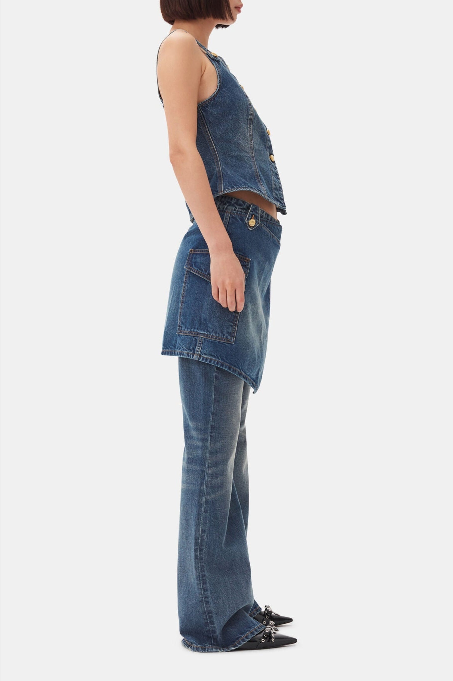 Débardeur boutonné en denim - Mid Blue Vintage