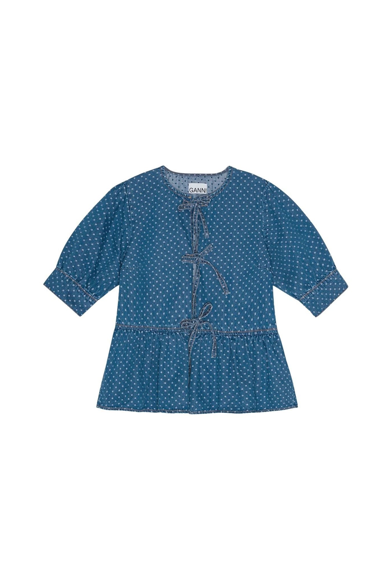 Blouse à basque et pois en denim - Mid Blue Stone