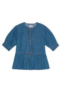 Blouse à basque et pois en denim - Mid Blue Stone