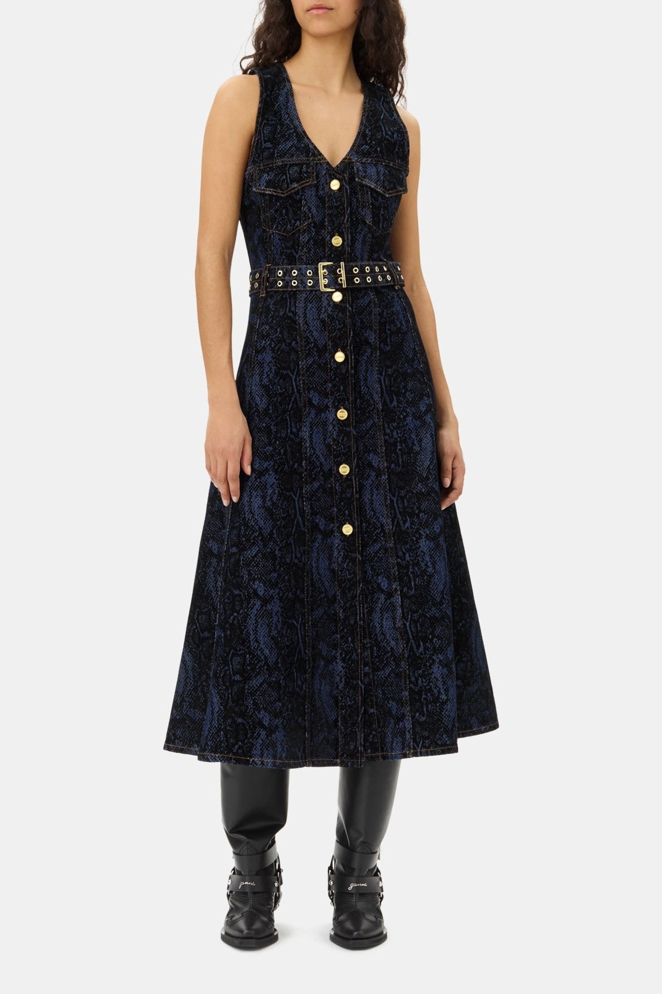 Robe midi à imprimé animal en denim - Indigo