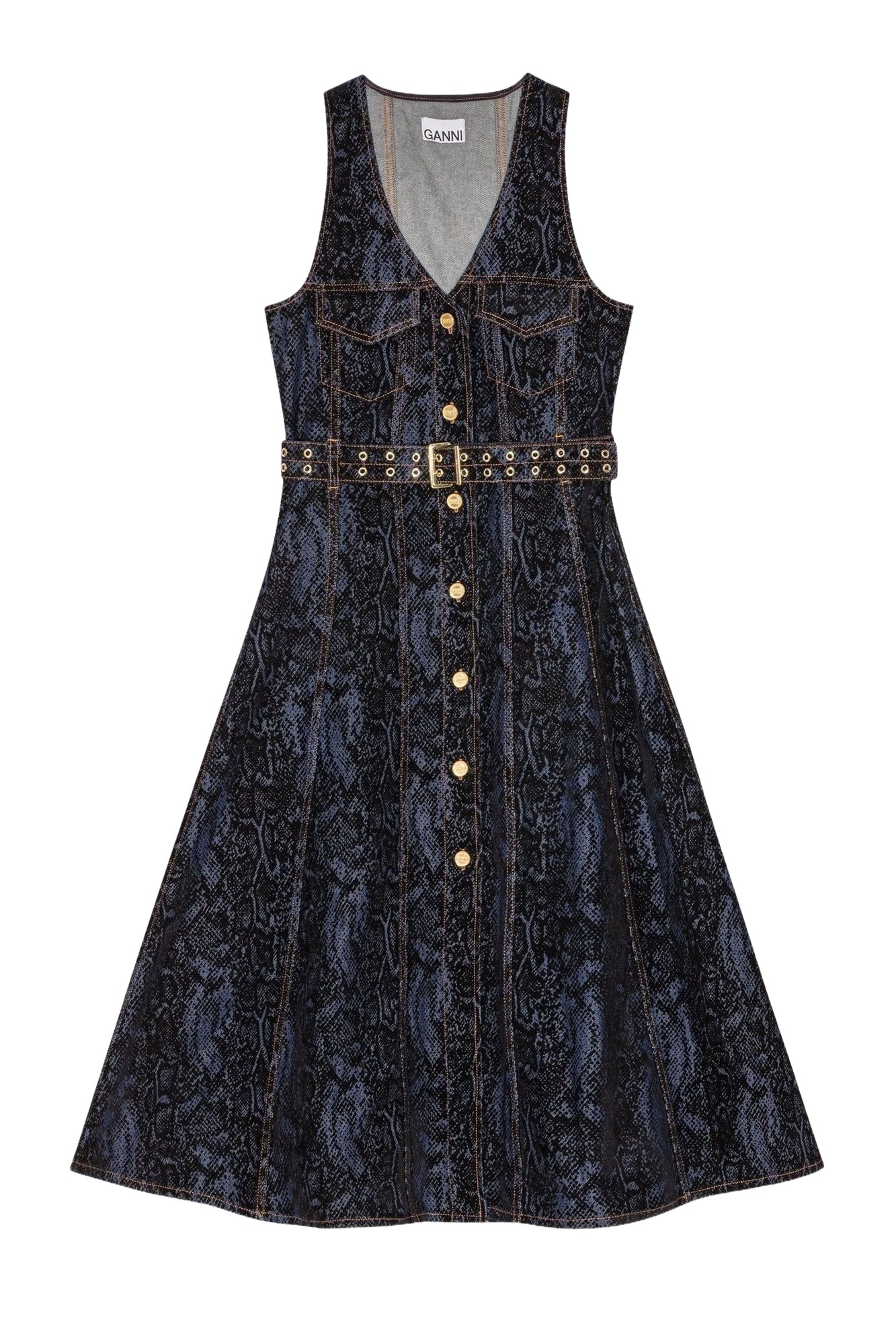 Robe midi à imprimé animal en denim - Indigo