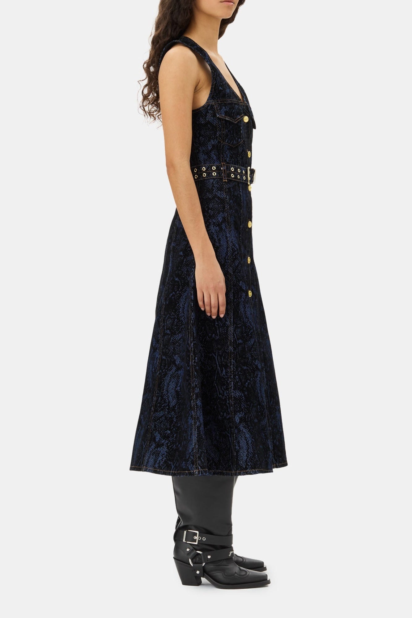 Robe midi à imprimé animal en denim - Indigo