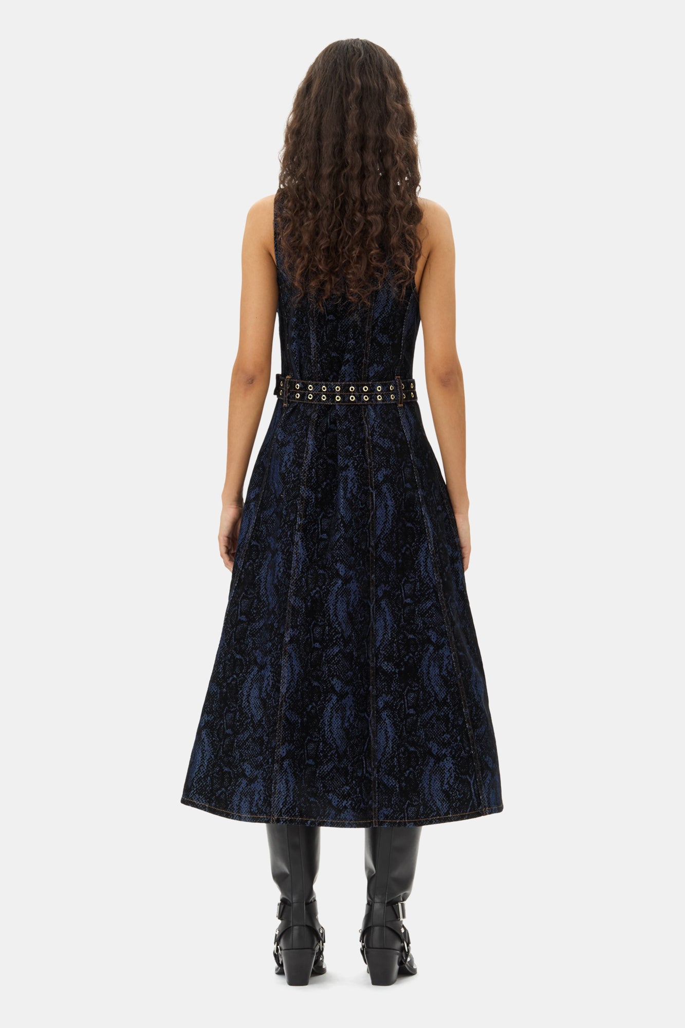 Robe midi à imprimé animal en denim - Indigo