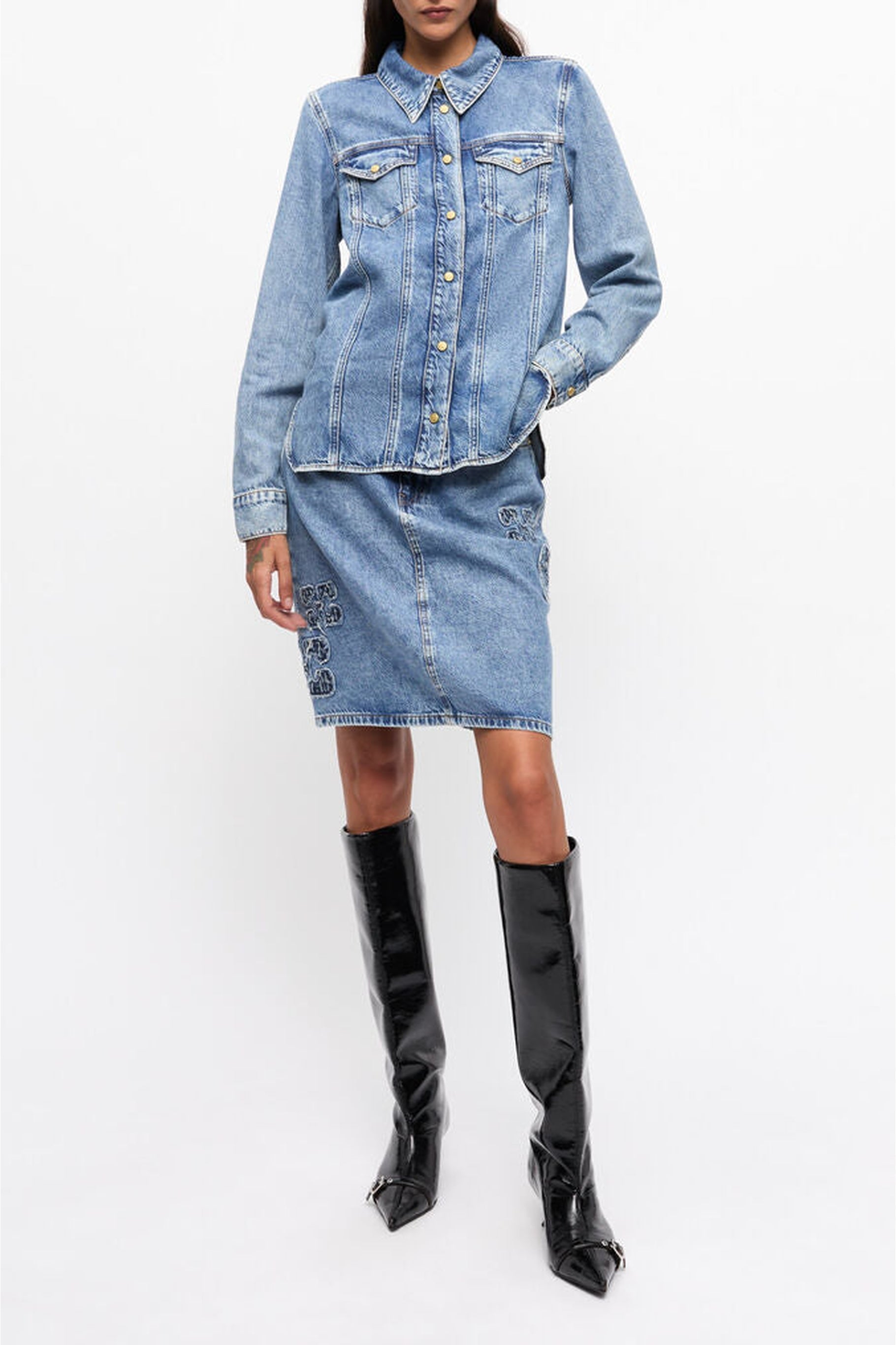 Chemise cintré en denim - Mid Blue Stone