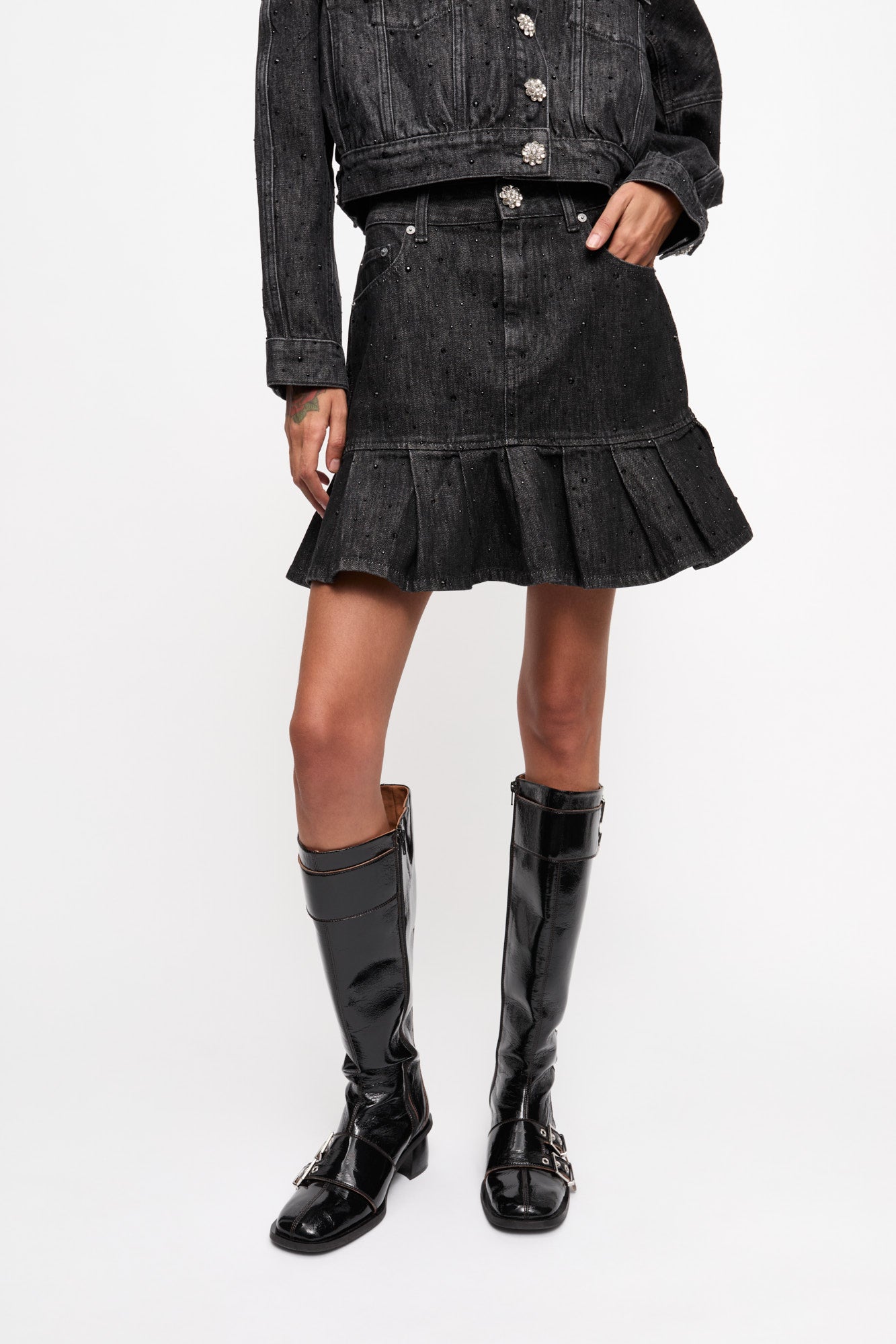 Jupe plissée pailleté en denim - Washed Black