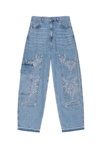 Pantalon Carpenter à broderie en denim - Light Blue Stone