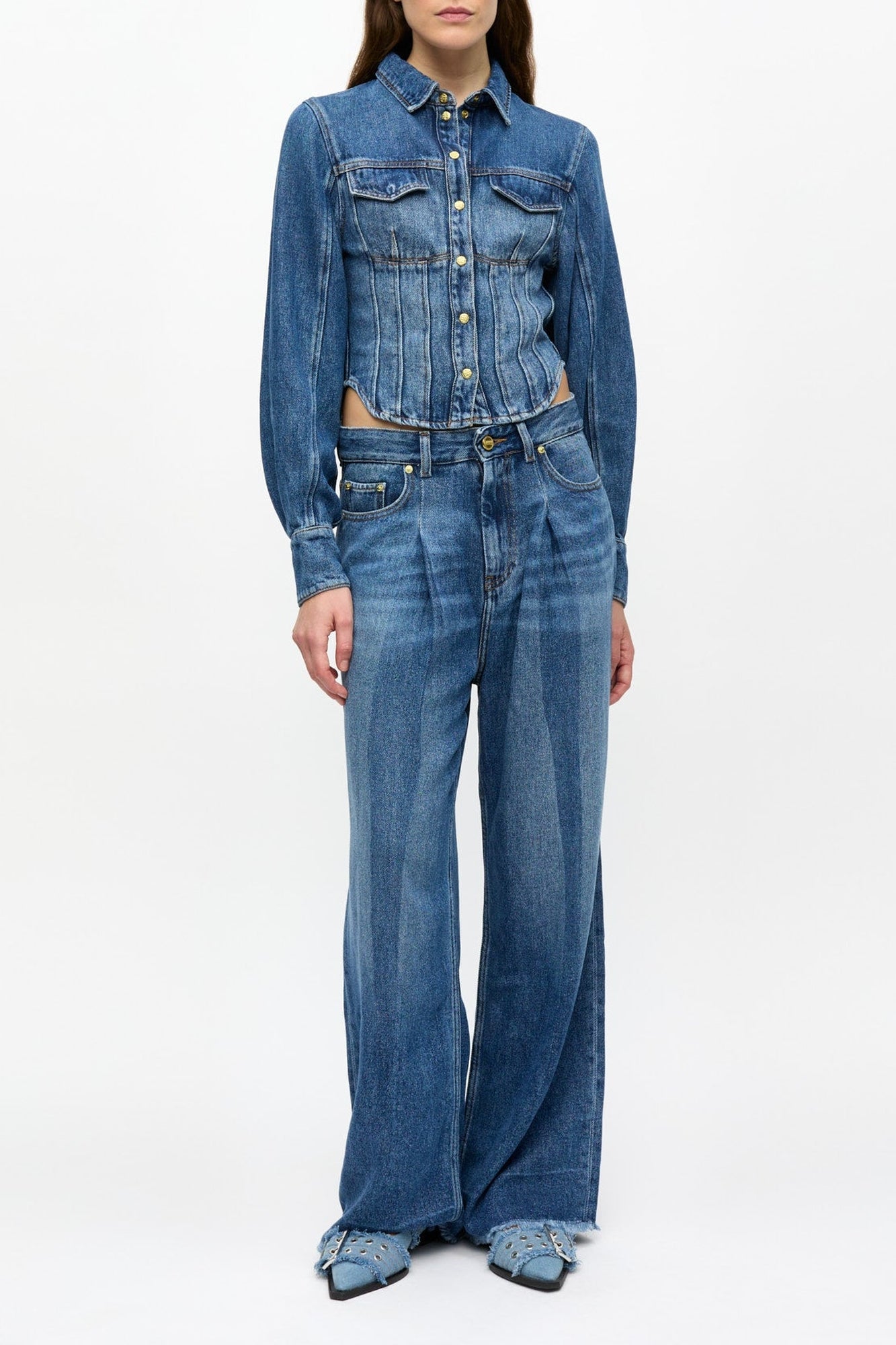 Pantalon à plis en denim - Mid Blue Vintage