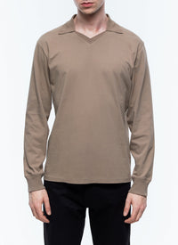 Long-sleeved V-neck polo shirt - Taupe