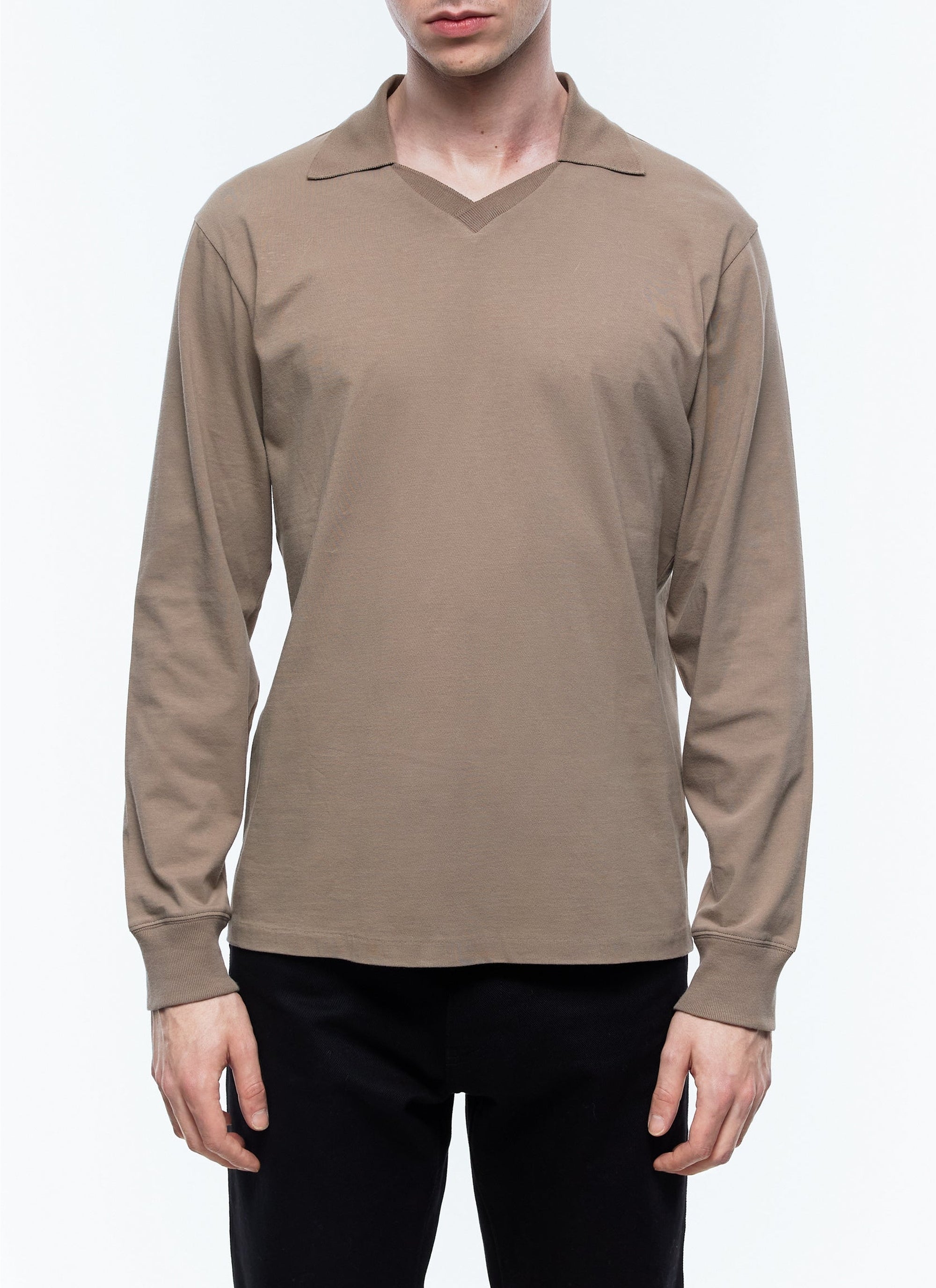 Long-sleeved V-neck polo shirt - Taupe