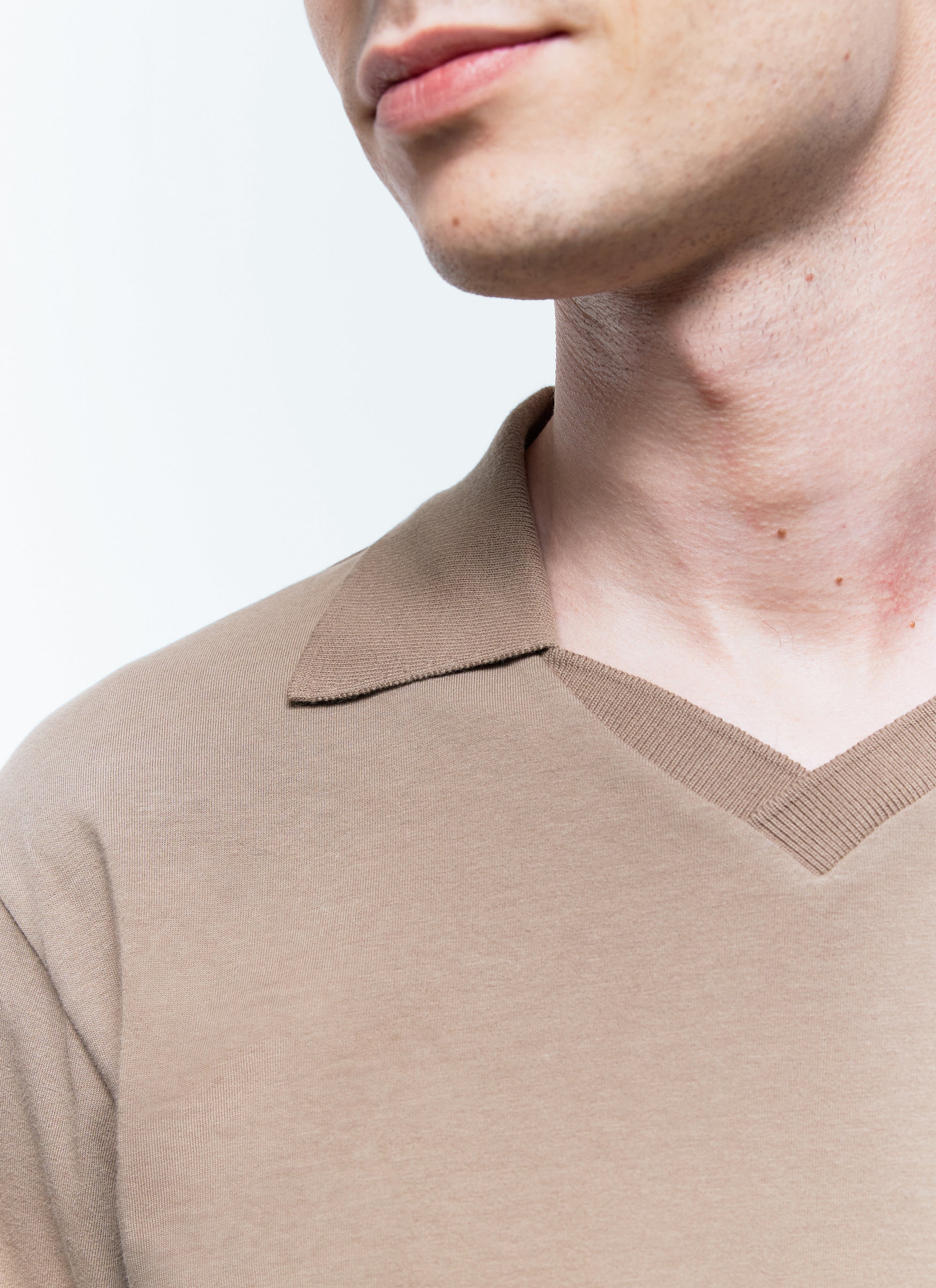 Long-sleeved V-neck polo shirt - Taupe